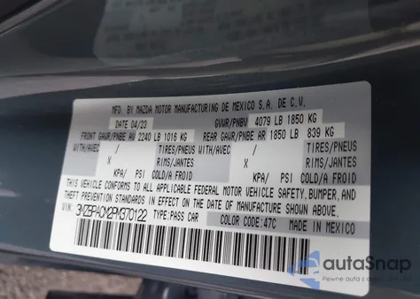 2023 Mazda Mazda3 2.5 S Carbon Edition z USA, uszkodzony, nr VIN 3MZBPACM2PM370122